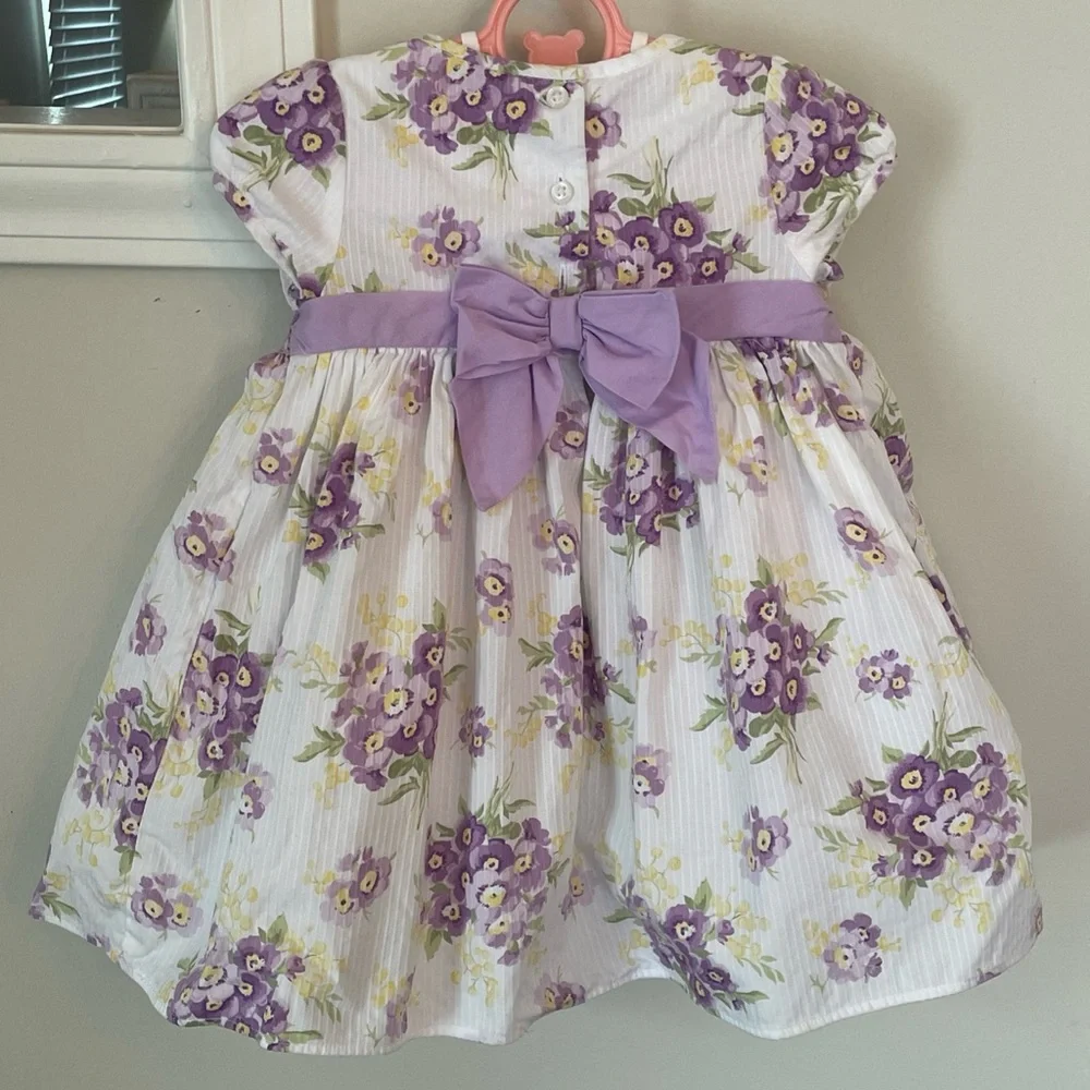 Janie & Jack Girls' 3-6 Month Pansy Hand Smocked Floral Dress Purple Yellow